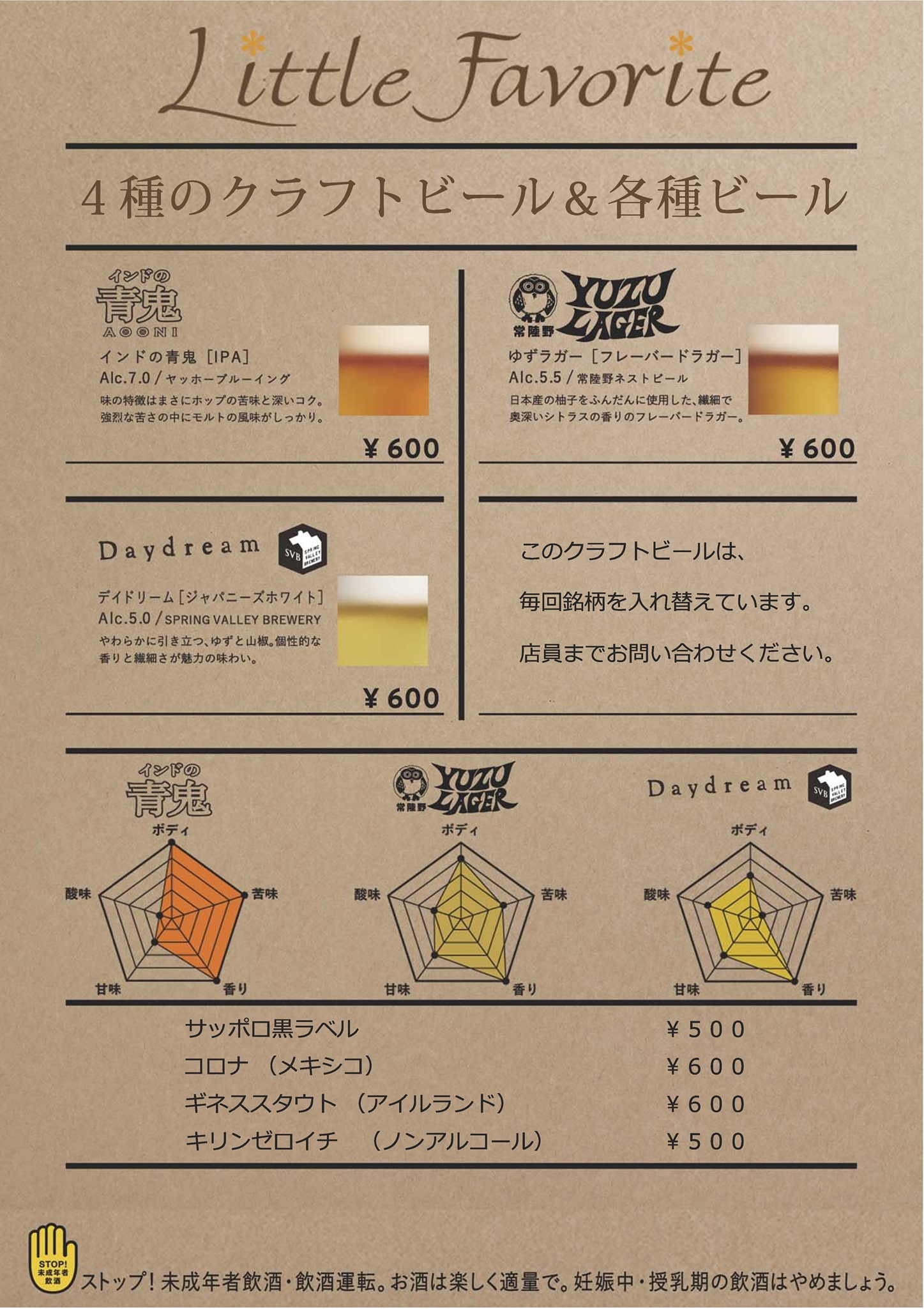 4種のクラフトビールと各種ビール